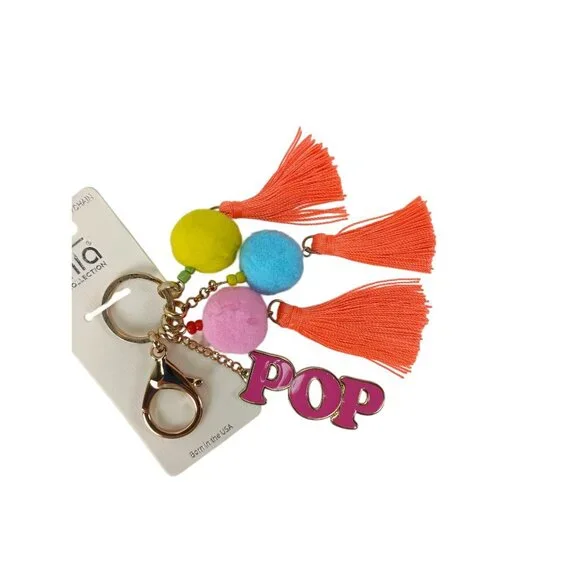New Mia Collection Keyring Handbag Charm Faux Gold Clip Pop Pom Poms Tassels - Picture 2 of 3